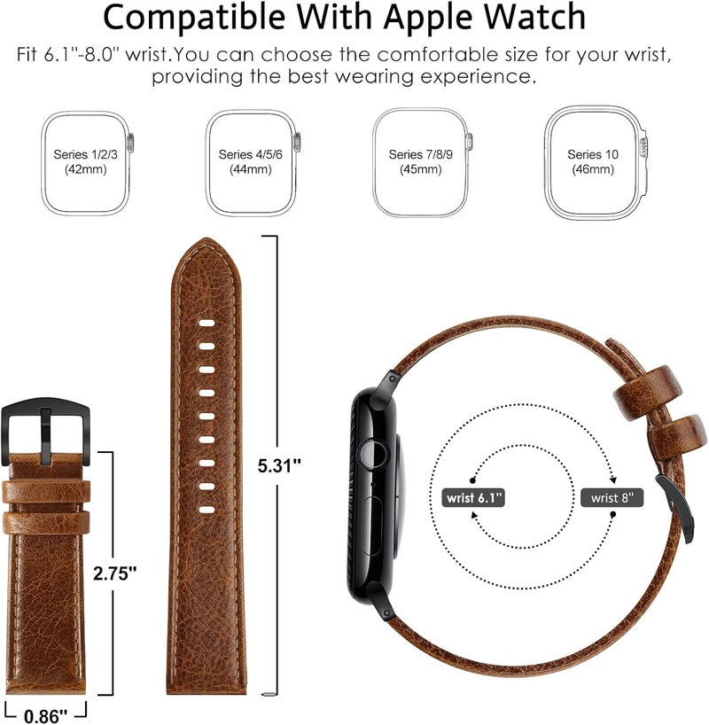 EDIMENS Leather Bands Compatible with Apple Watch 42mm 44mm, Genuine Leather Vintage Strap Classic Buckle Compatible with Apple iWatch Series 5/4/3/2/1, Sports&Edition Men & women,Retro Brown Silver - Image 2